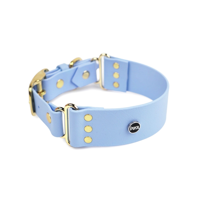 Szeroka obroża z Biothane dla psa w kolorze blue sky z kolekcji Pup in the Sky, wykończona złotymi detalami – Bura