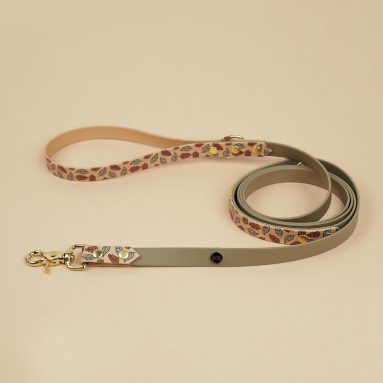 Smycz miejska dla psa z Biothane z wzorem liście, uchwyt z grafiką jesienną, beżowo-oliwkowa – Bura