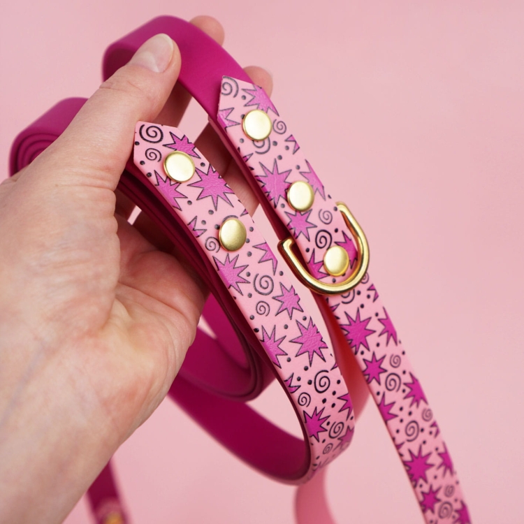 Zbliżenie na karabińczyk i łączenia smyczy miejskiej hands-free z Biothane we wzór gwiazdki w pastelowych odcieniach.