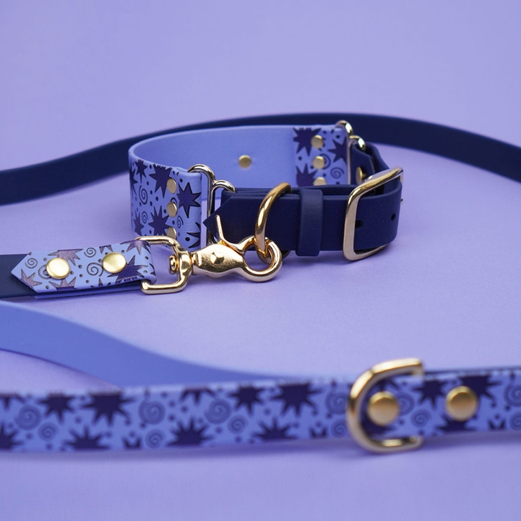 Zestaw spacerowy Bura – obroża i smycz z Biothane we wzór Gwiazdki
