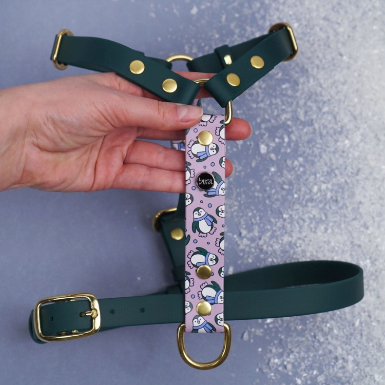 Detal szelek dla psa z Biothane – wzór pingwinki, złote okucia, solidne nity i regulacja, ręcznie wykonane szelki miejskie
