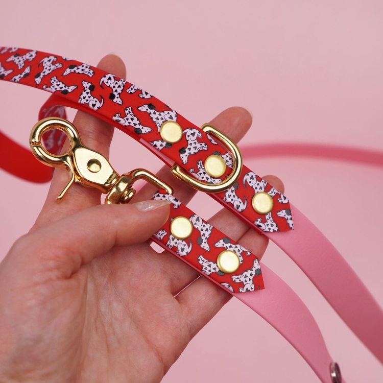 Smycz miejska Biothane – detal regulacji i mocowania, autorski wzór na pasku Bura