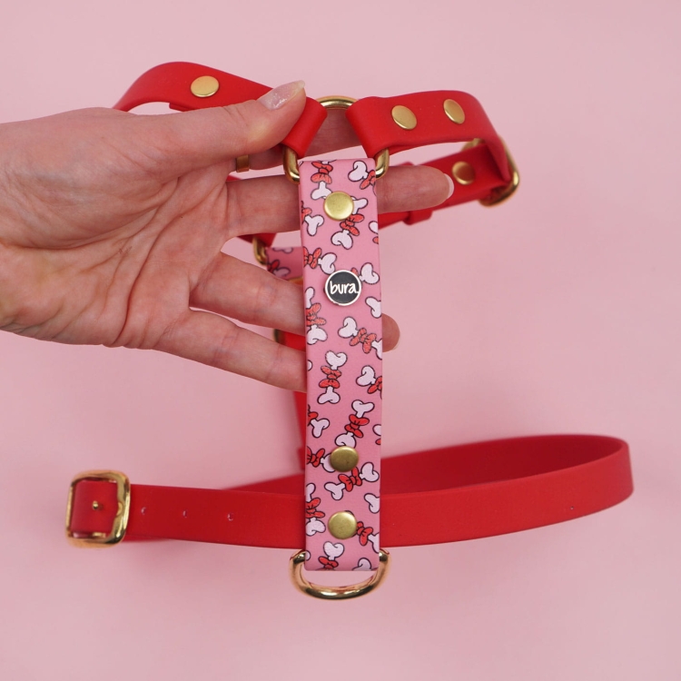 Szelki dla psa z Biothane z nadrukiem UV – detal frontu i łączeń, okucia złote.