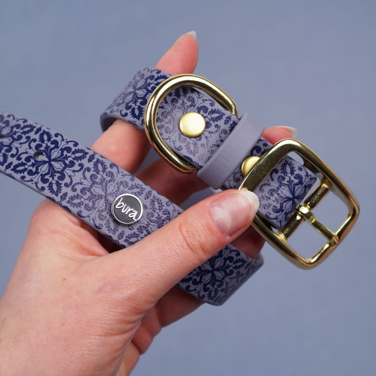 Detal: obroża na sprzączkę z Biothane dla psa, wzór Casa Canina – złota sprzączka, D-ring i szlufka