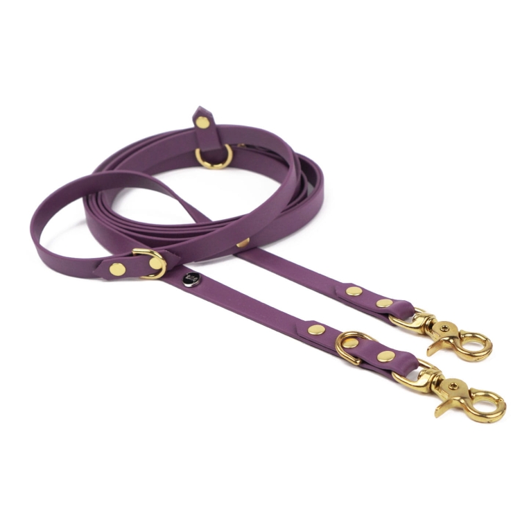 Smycz multifunkcyjna dla psa z Biothane w kolorze bakłażanowym ze złotymi karabińczykami Bura