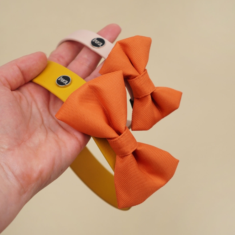 pomarańczowa kokardka dla psa zamocowana na obroży