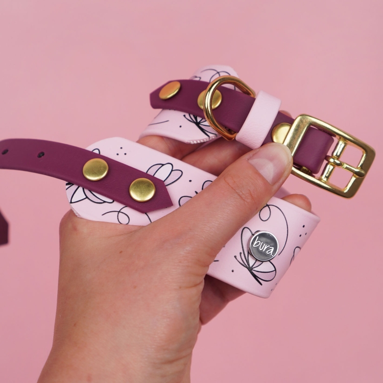 Detal obroży dla charta na sprzączkę we wzorze Motyle.