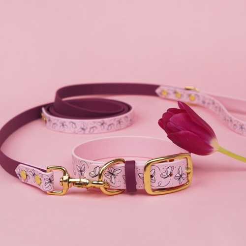 Obroża dla psa Motyle na tle smyczy i akcesoriów z tej samej kolekcji.