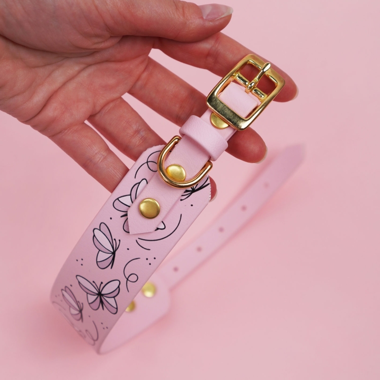 Obroża dla charta na sprzączkę we wzorze Motyle z widocznym zapięciem i detalami.