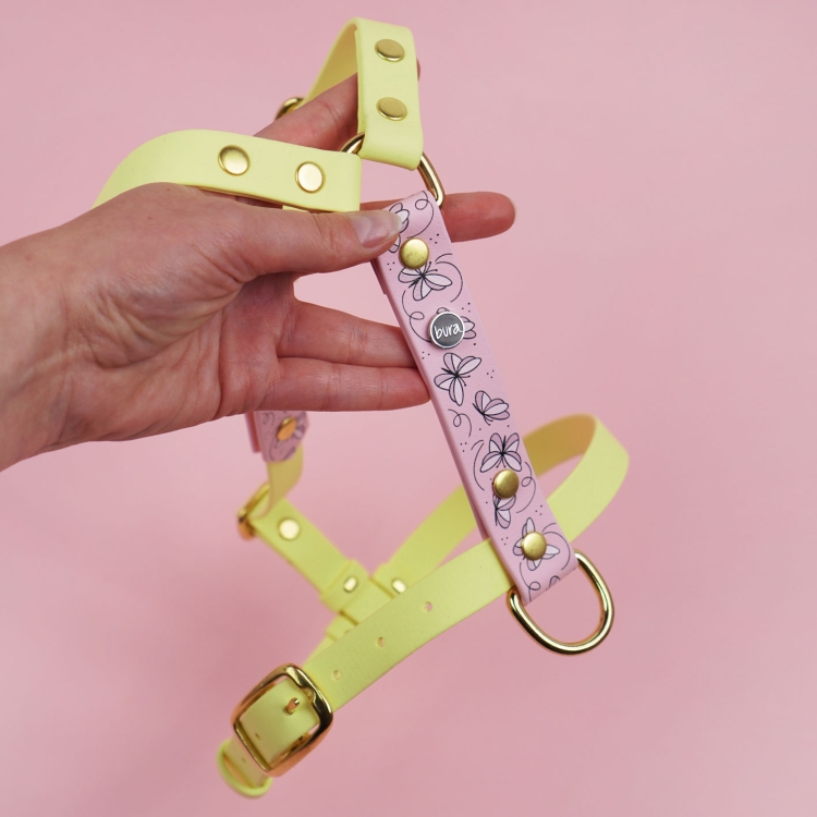 Detal szelek dla psa Motyle z widoczną regulacją i okuciami.