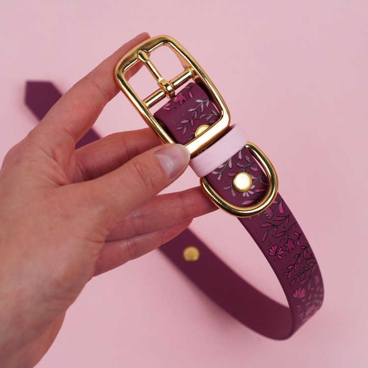 Obroża dla psa na sprzączkę we wzorze Łąka z widocznym zapięciem.