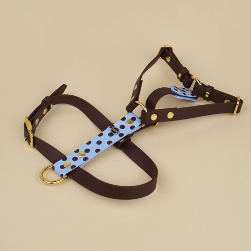 Wodoodporne szelki guard z Biothane dla psa, niebieskie w brązowe kropki.