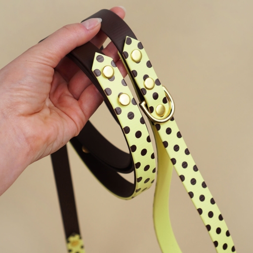 Detal smyczy miejskiej z Biothane dla psa w pastelowym żółtym kolorze, z brązowymi kropkami i złotymi okuciami.