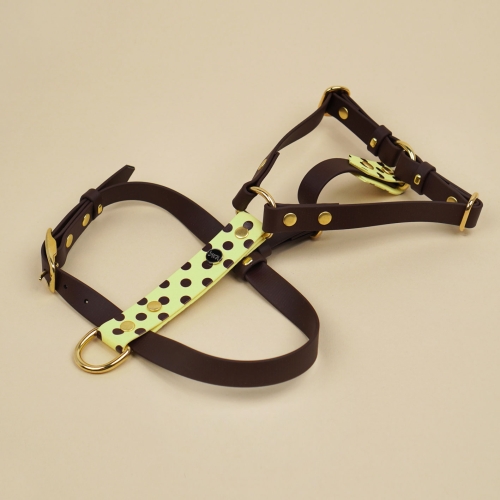 Szelki guard wodoodporne z Biothane dla psa, pastelowy żółty z brązowymi kropkami.