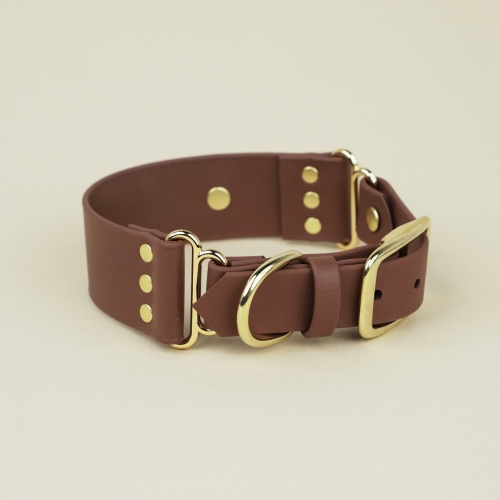 Wodoodporna szeroka obroża dla psa z Biothane w brązowym kolorze ze złotą klamrą