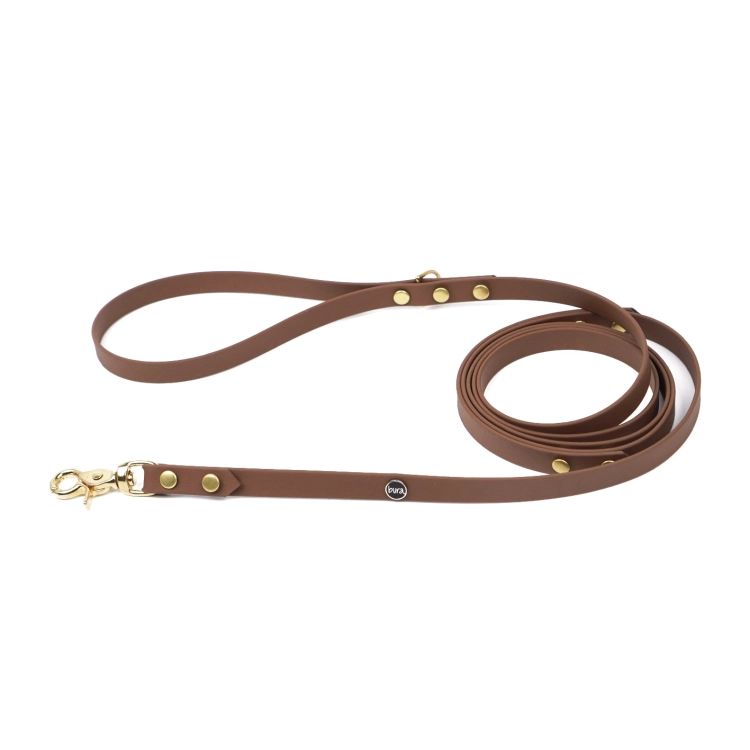 Brązowa smycz miejska z Biothane PiesNUT ze złotym karabińczykiem na jasnym tle