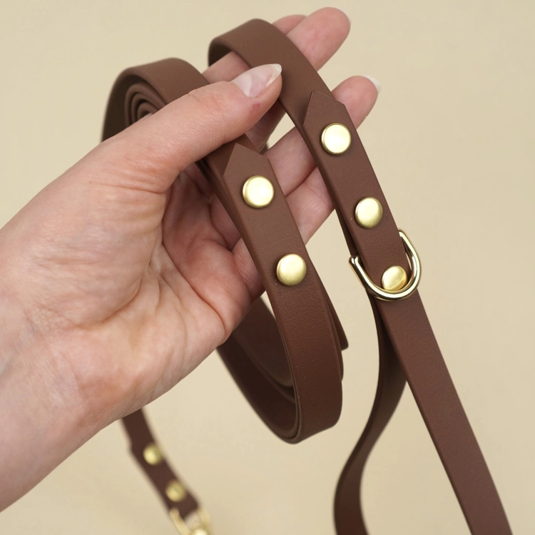 Smycz miejska dla psa z Biothane w brązowym kolorze – detal taśmy i złotych nitów