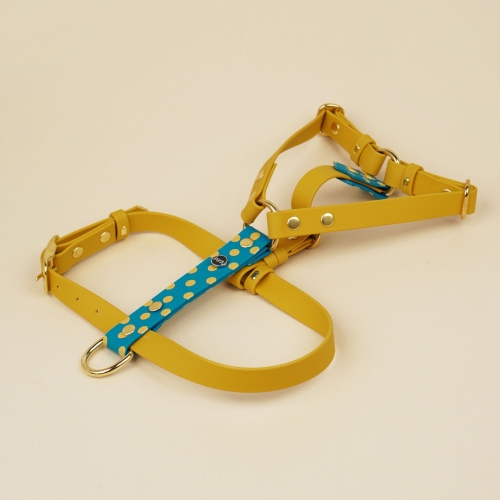 Szelki guard dla psa z biothane w złote kropki – musztardowe paski, turkusowa wstawka, złote okucia, kolekcja Polka DOGS, Bura