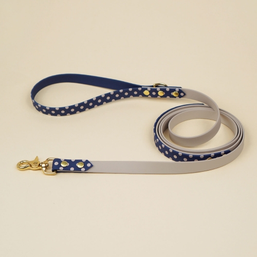Smycz miejska dla psa z biothane – granatowa w białe kropki, szary pasek i złoty karabińczyk, kolekcja Polka DOGS, Bura