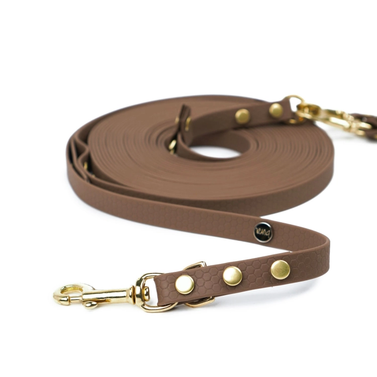 Zbliżenie na brązową linkę treningową z taśmy HEXA dla psa z jasnymi złotymi okuciami