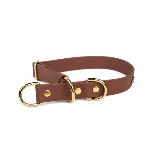 obroża półzaciskowa biothane brązowa ze złotymi okuciami – Bura