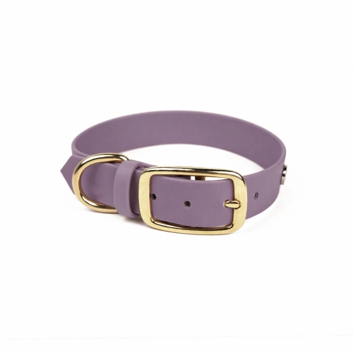 Wodoodporna obroża dla psa biothane w kolorze mauve ze złotą klamrą i D-ringiem – białe tło
