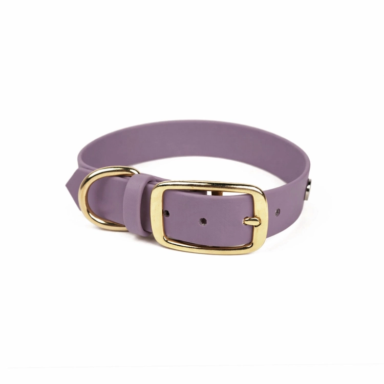 Wodoodporna obroża dla psa biothane w kolorze mauve ze złotą klamrą i D-ringiem – białe tło