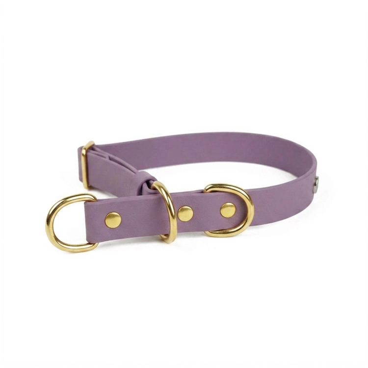 Obroża półzaciskowa dla psa biothane mauve ze złotymi D-ringami – białe tło, bura