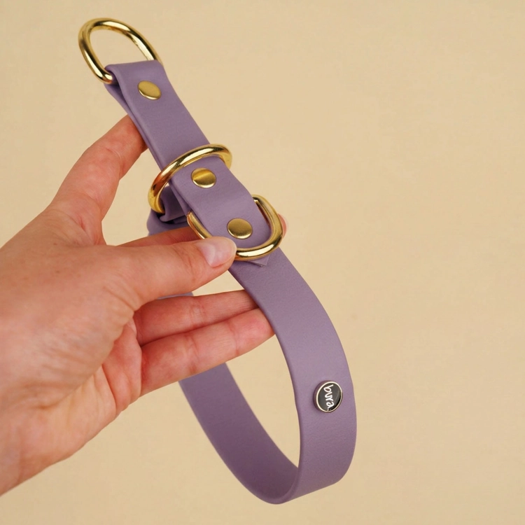 Obroża półzaciskowa dla psa biothane mauve ze złotymi D-ringami i logo bura – trzymana w dłoni