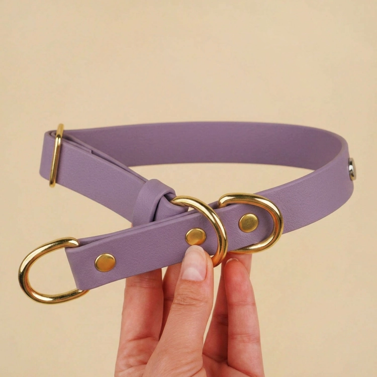 Obroża półzaciskowa biothane mauve ze złotymi ringami trzymana w dłoniach – widok detalu