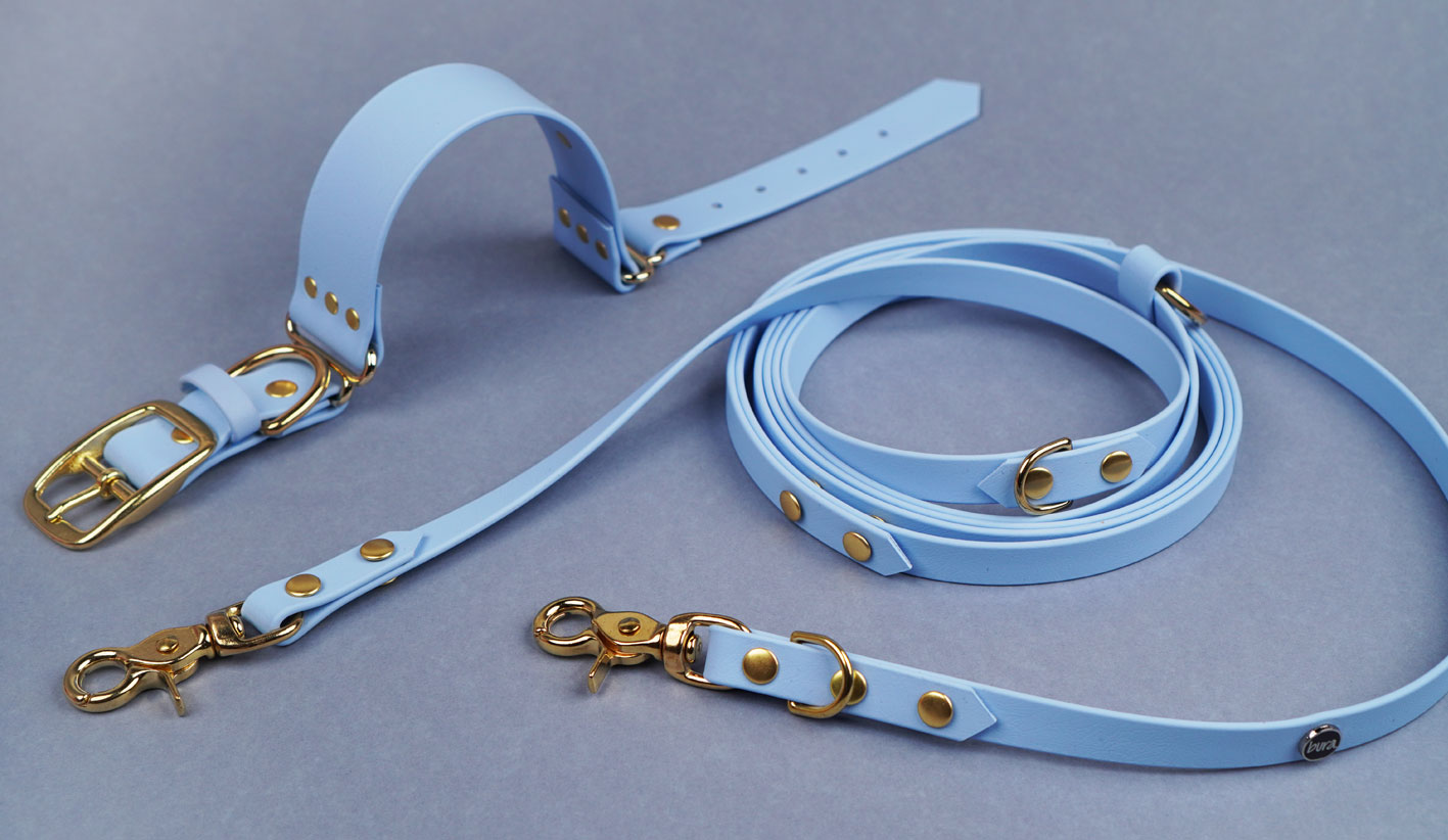 Zestaw szeroka obroża i smycz z Biothane w kolorze blue sky, wodoodporne akcesoria ze złotymi okuciami – Bura